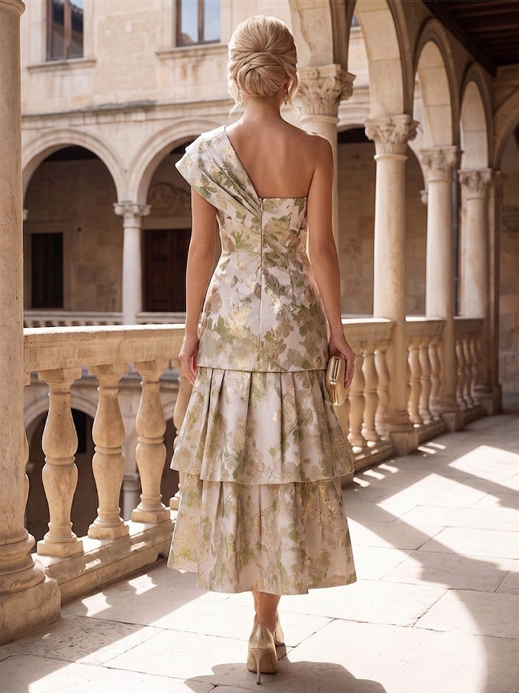 Jacquard A-Line One Shoulder Mother of the Bride Dresses with Side Waist Ruched Shaping Detail