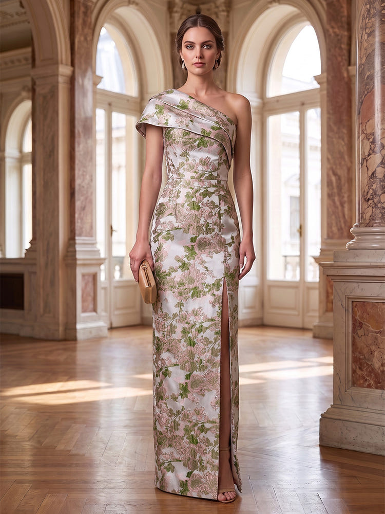 Jacquard Sheath One Shoulder Mother of the Bride Dresses with Side Slit