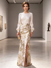 Contrast Solid & Jacquard Sheath One Shoulder Mother of the Bride Dresses with Side Waist Ruched Shaping Detail