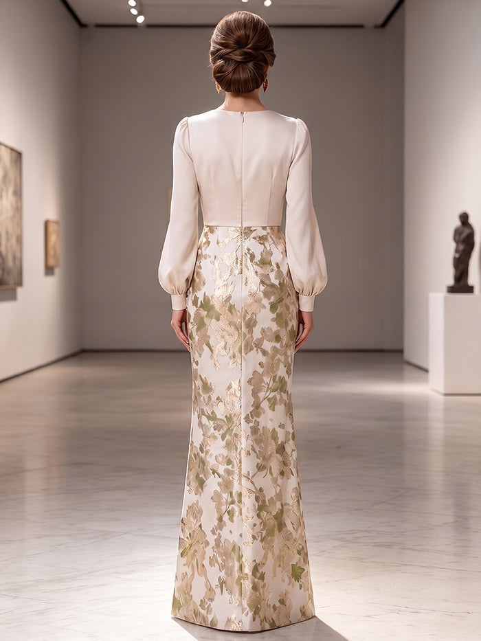 Contrast Solid & Jacquard Sheath One Shoulder Mother of the Bride Dresses with Side Waist Ruched Shaping Detail