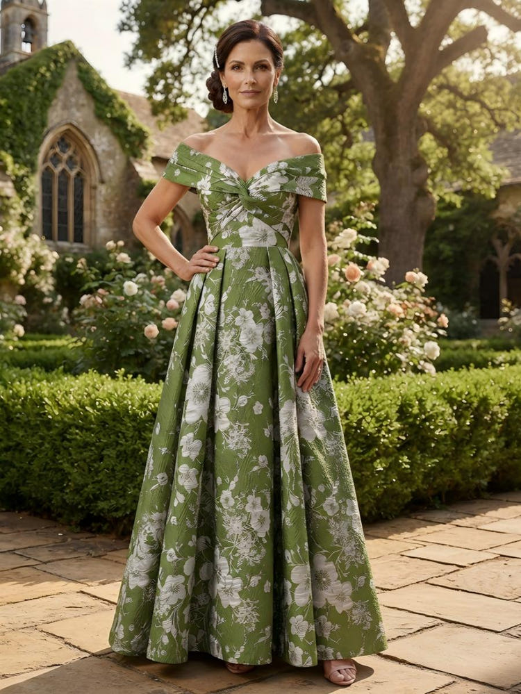 Jacquard A-Line Off Shoulder Mother of the Bride Dresses with Pleated