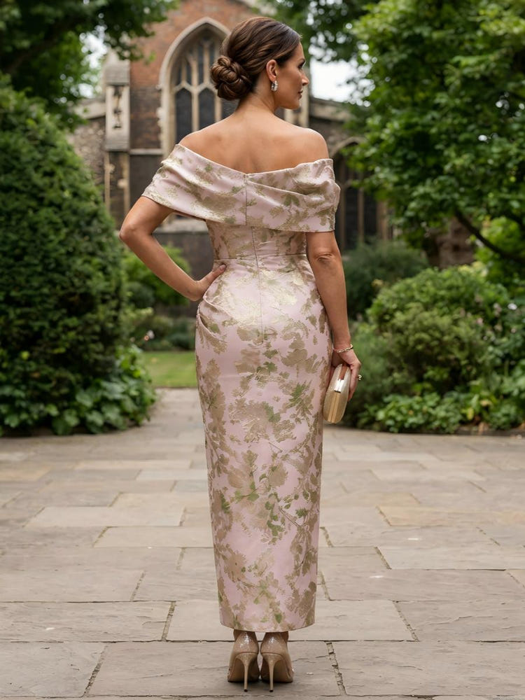 Jacquard Sheath Off Shoulder Mother of the Bride Dresses with 3D Flowers