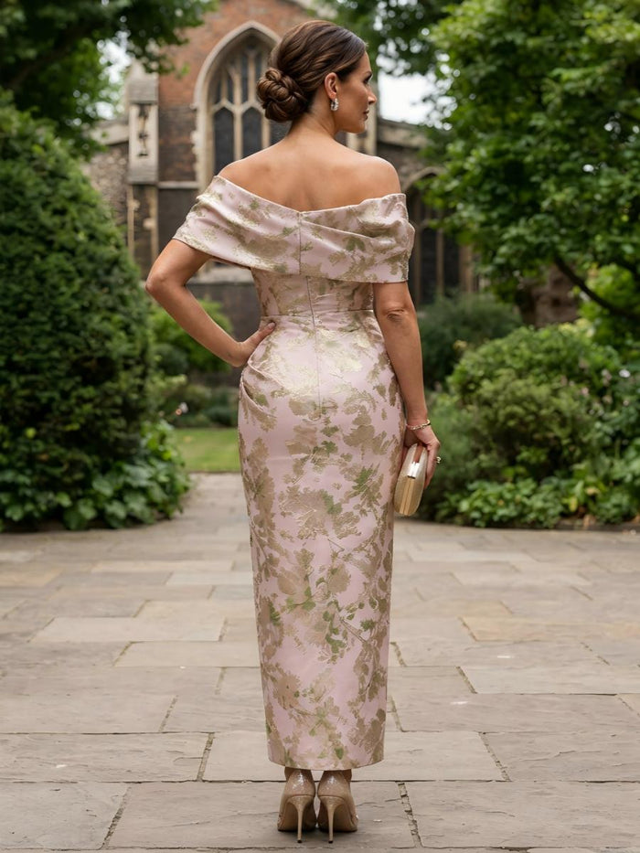 Jacquard Sheath Off Shoulder Mother of the Bride Dresses with 3D Flowers