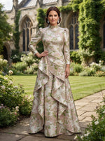 Jacquard A-Line High Neck Mother of the Bride Dresses with Ruffles