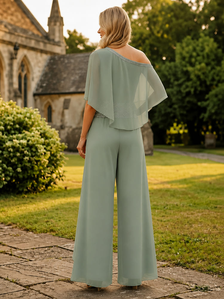 Chiffon Pantsuit One Shoulder Mother of the Bride Pantsuits with Beaded