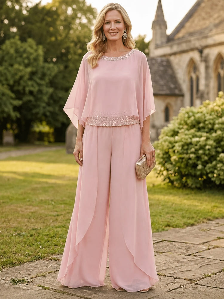 Chiffon Pantsuit Crew Neck Mother of the Bride Pantsuits with Beaded