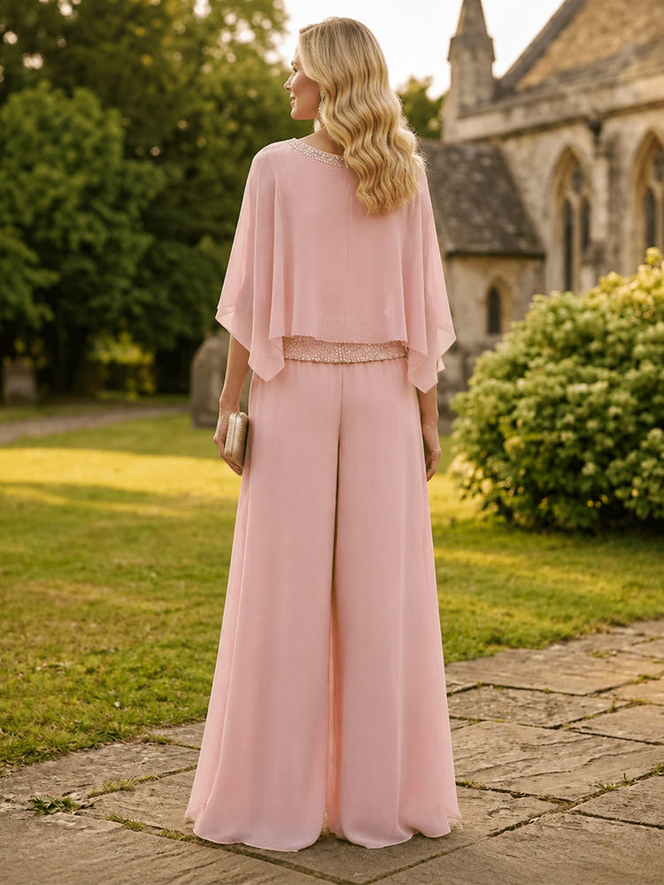Chiffon Pantsuit Crew Neck Mother of the Bride Pantsuits with Beaded