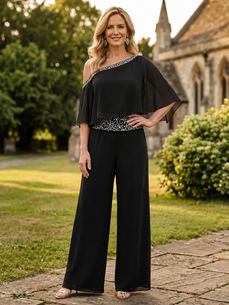 Chiffon Pantsuit One Shoulder Mother of the Bride Pantsuits with Beaded