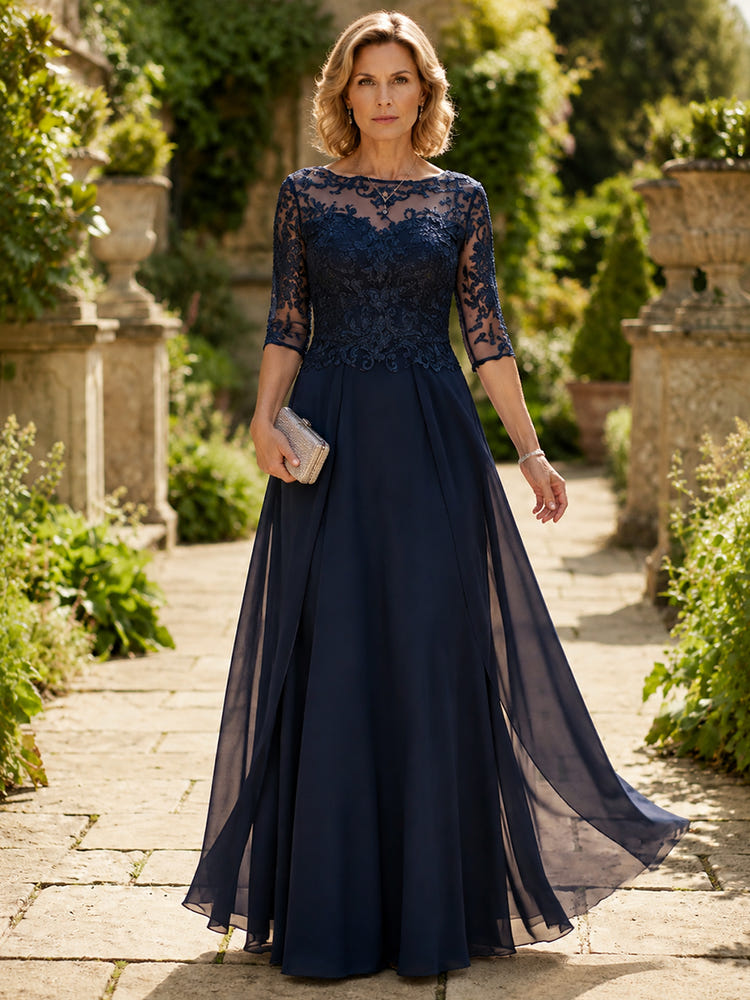 Chiffon A-Line Boat Neck  Mother of the Bride Dresses with Lace Applique