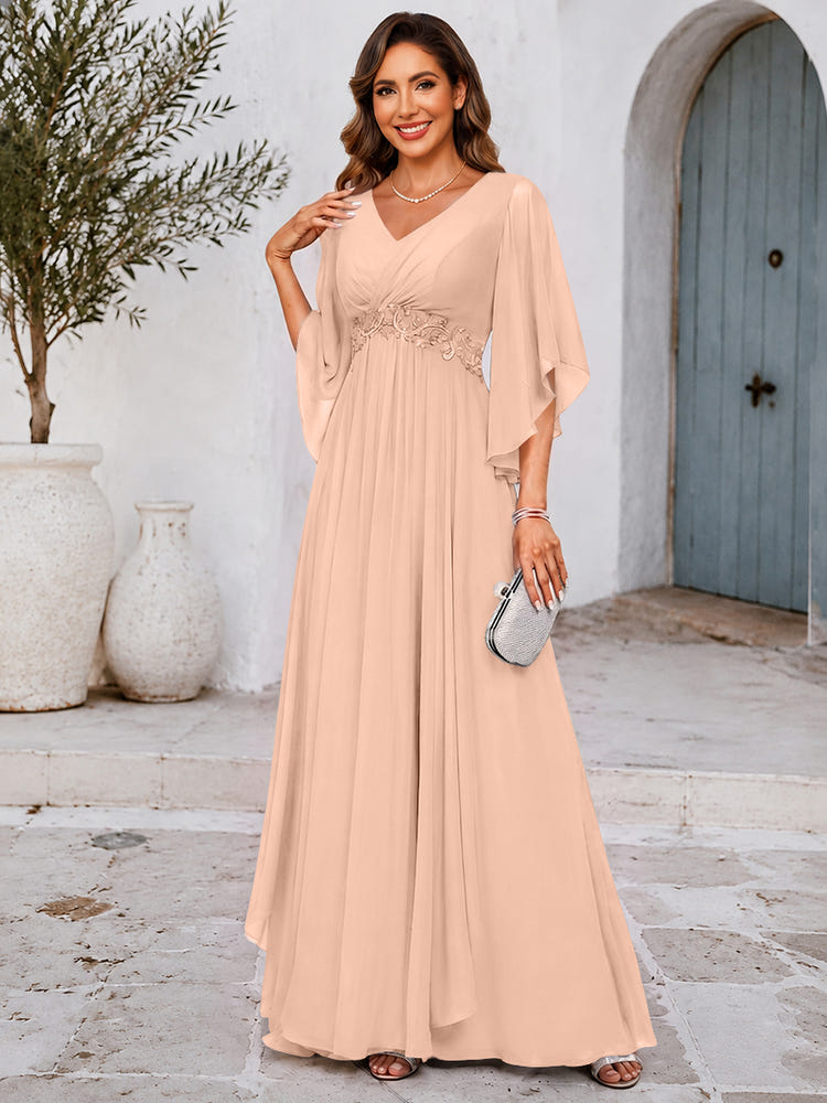 Chiffon A-Line V Neck Mother of the Bride Dresses with Lace Applique