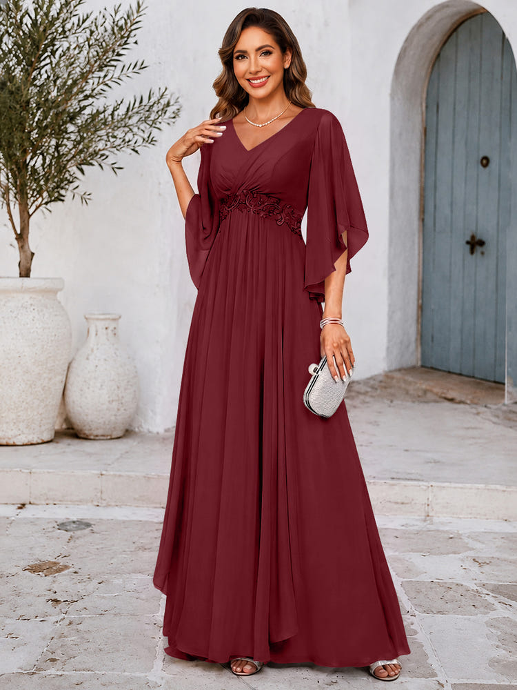 Chiffon A-Line V Neck Mother of the Bride Dresses with Lace Applique