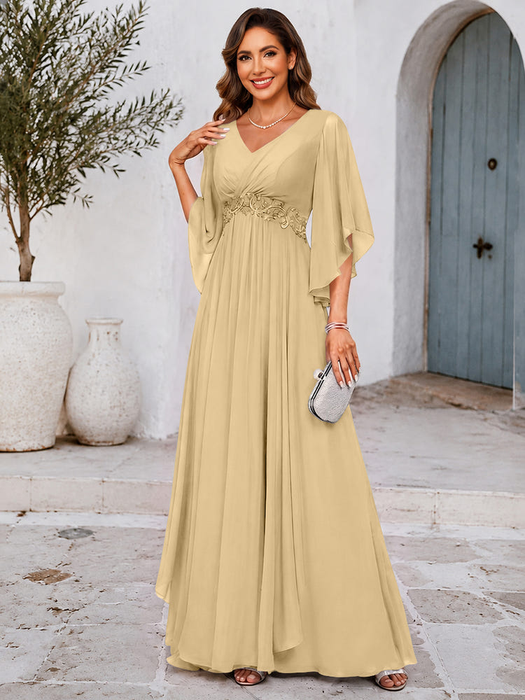 Chiffon A-Line V Neck Mother of the Bride Dresses with Lace Applique