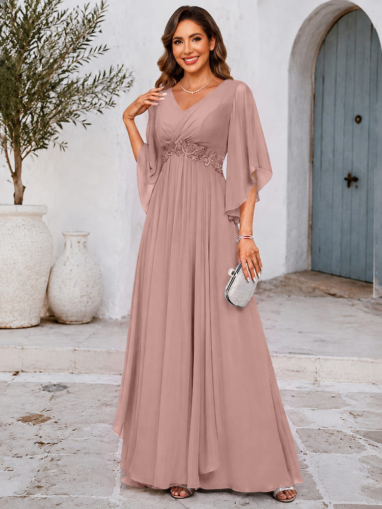 Chiffon A-Line V Neck Mother of the Bride Dresses with Lace Applique