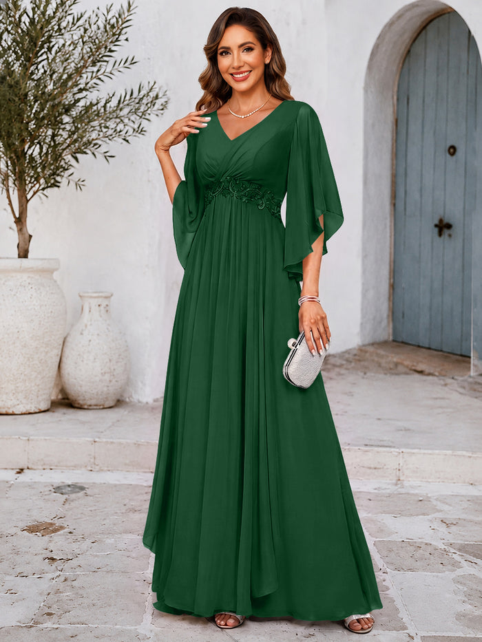 Chiffon A-Line V Neck Mother of the Bride Dresses with Lace Applique