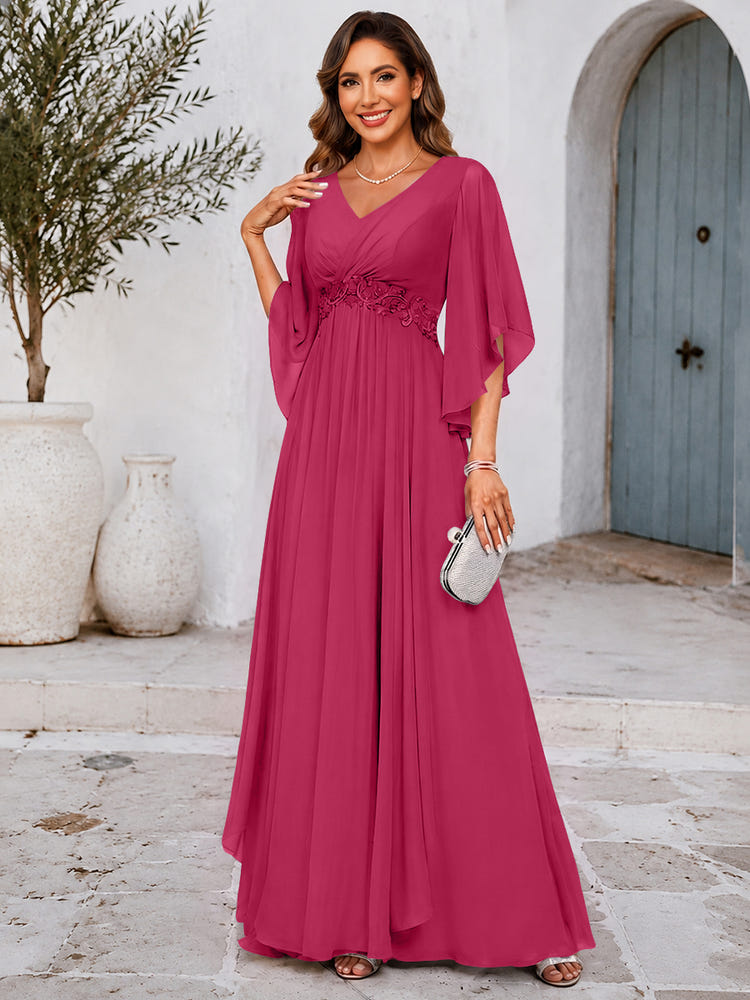 Chiffon A-Line V Neck Mother of the Bride Dresses with Lace Applique