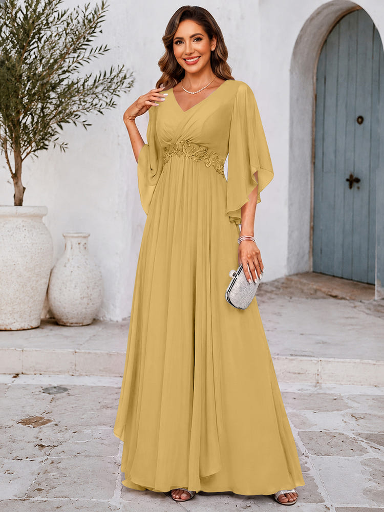 Chiffon A-Line V Neck Mother of the Bride Dresses with Lace Applique