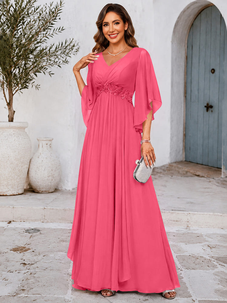 Chiffon A-Line V Neck Mother of the Bride Dresses with Lace Applique