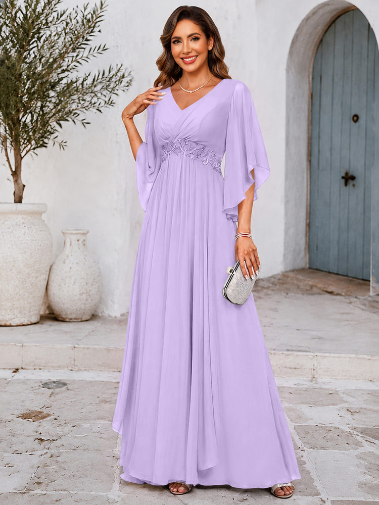 Chiffon A-Line V Neck Mother of the Bride Dresses with Lace Applique