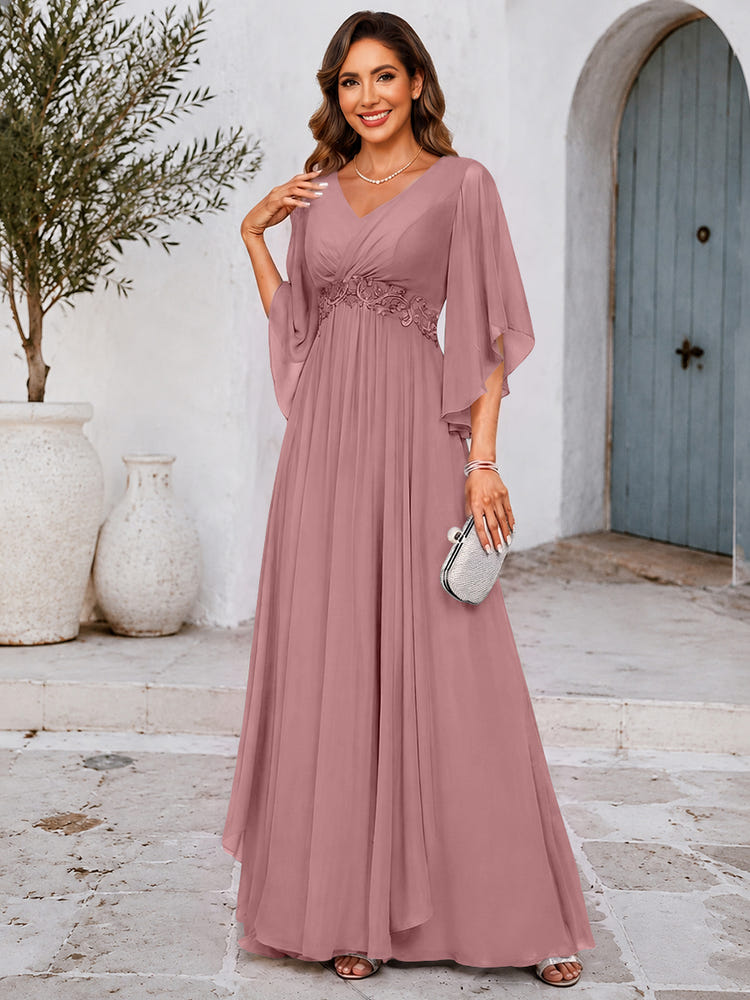 Chiffon A-Line V Neck Mother of the Bride Dresses with Lace Applique