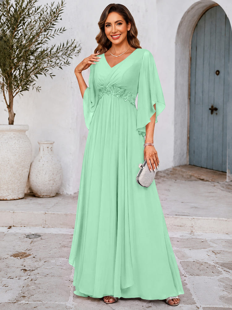 Chiffon A-Line V Neck Mother of the Bride Dresses with Lace Applique