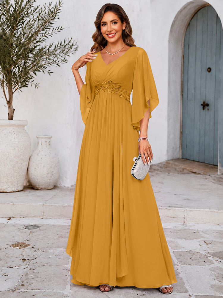 Chiffon A-Line V Neck Mother of the Bride Dresses with Lace Applique