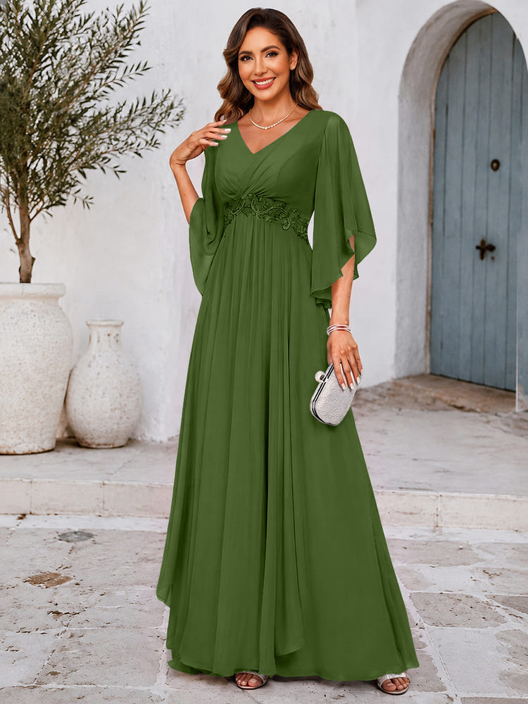 Chiffon A-Line V Neck Mother of the Bride Dresses with Lace Applique