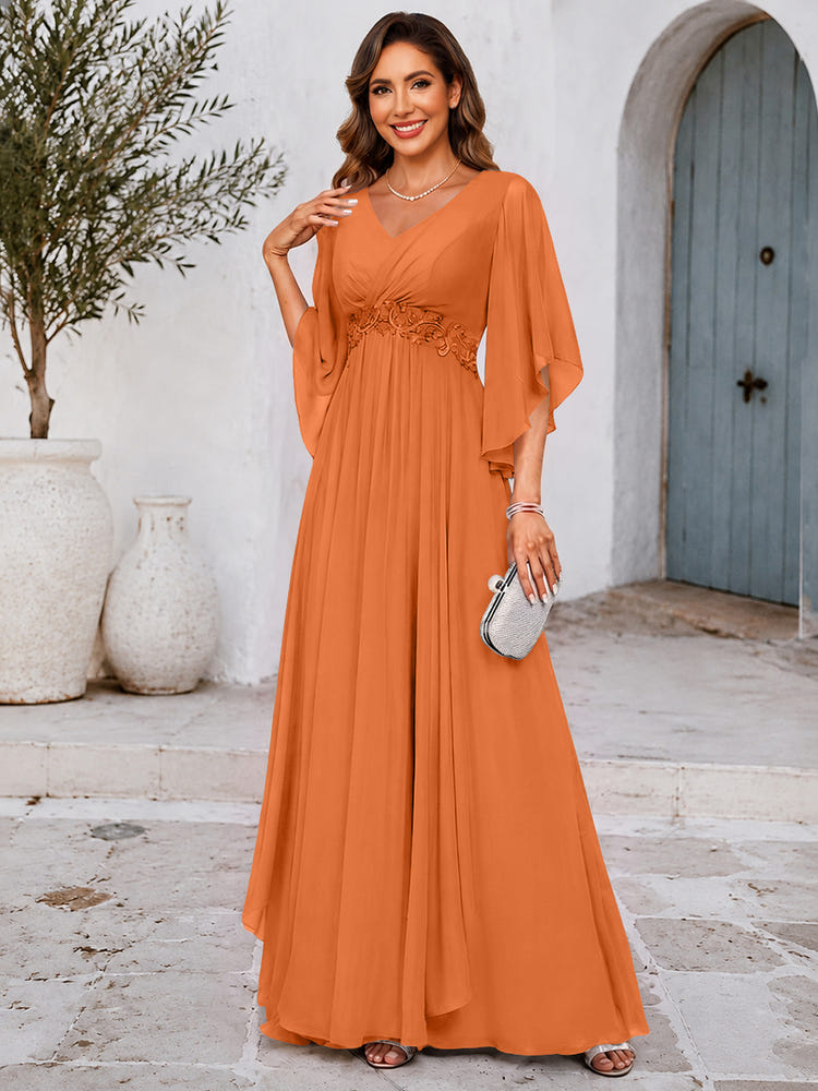 Chiffon A-Line V Neck Mother of the Bride Dresses with Lace Applique