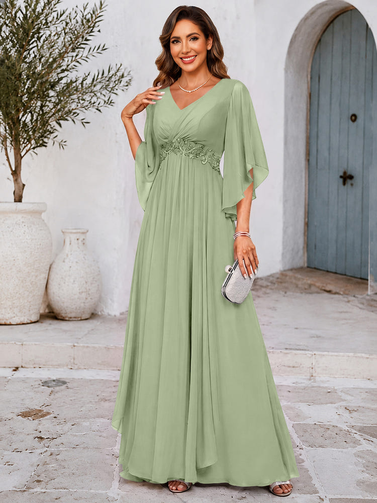 Chiffon A-Line V Neck Mother of the Bride Dresses with Lace Applique