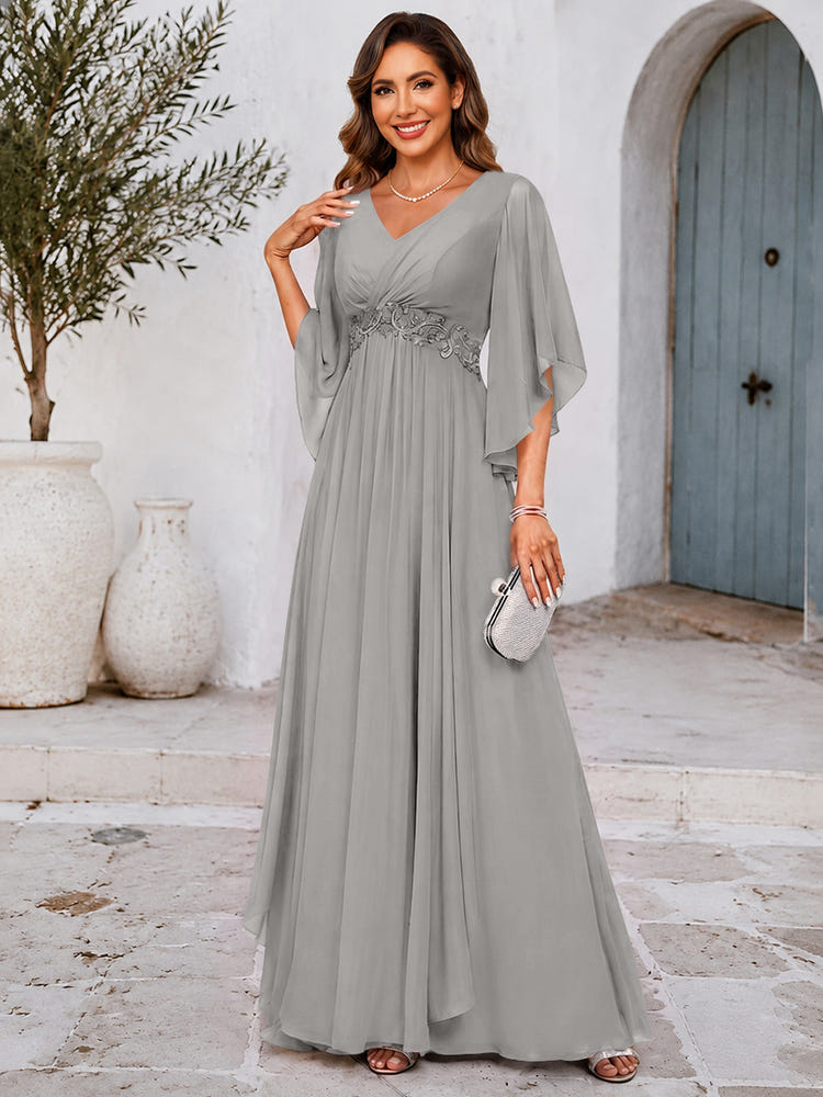 Chiffon A-Line V Neck Mother of the Bride Dresses with Lace Applique