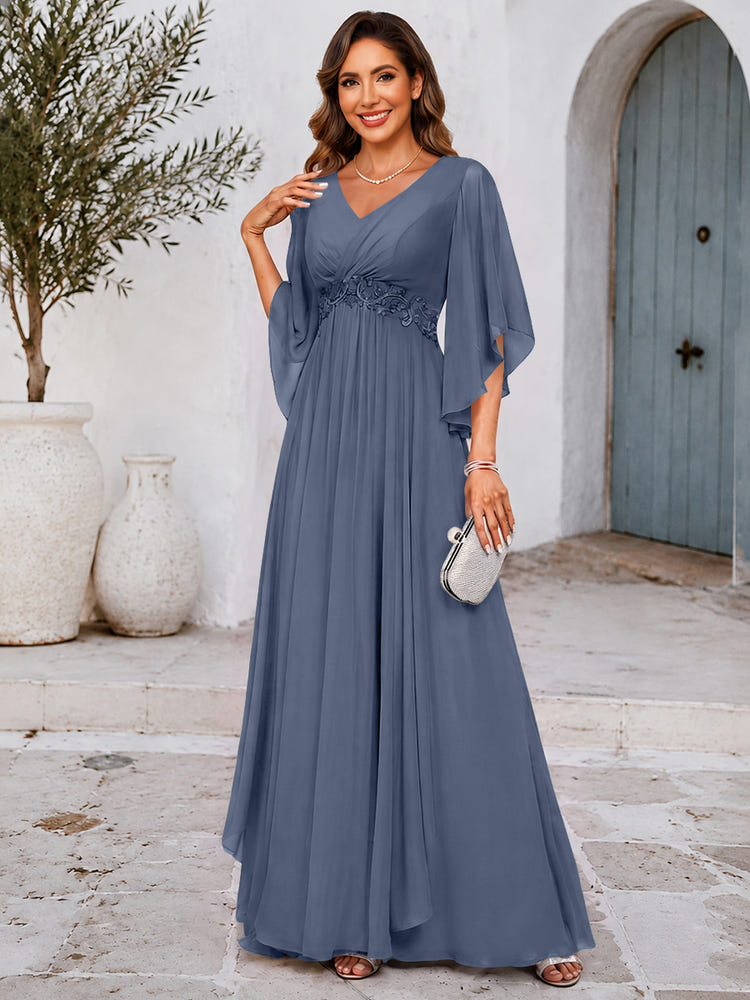 Chiffon A-Line V Neck Mother of the Bride Dresses with Lace Applique