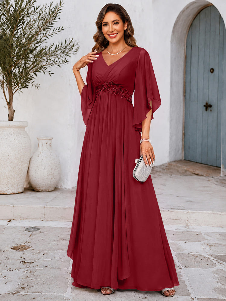 Chiffon A-Line V Neck Mother of the Bride Dresses with Lace Applique