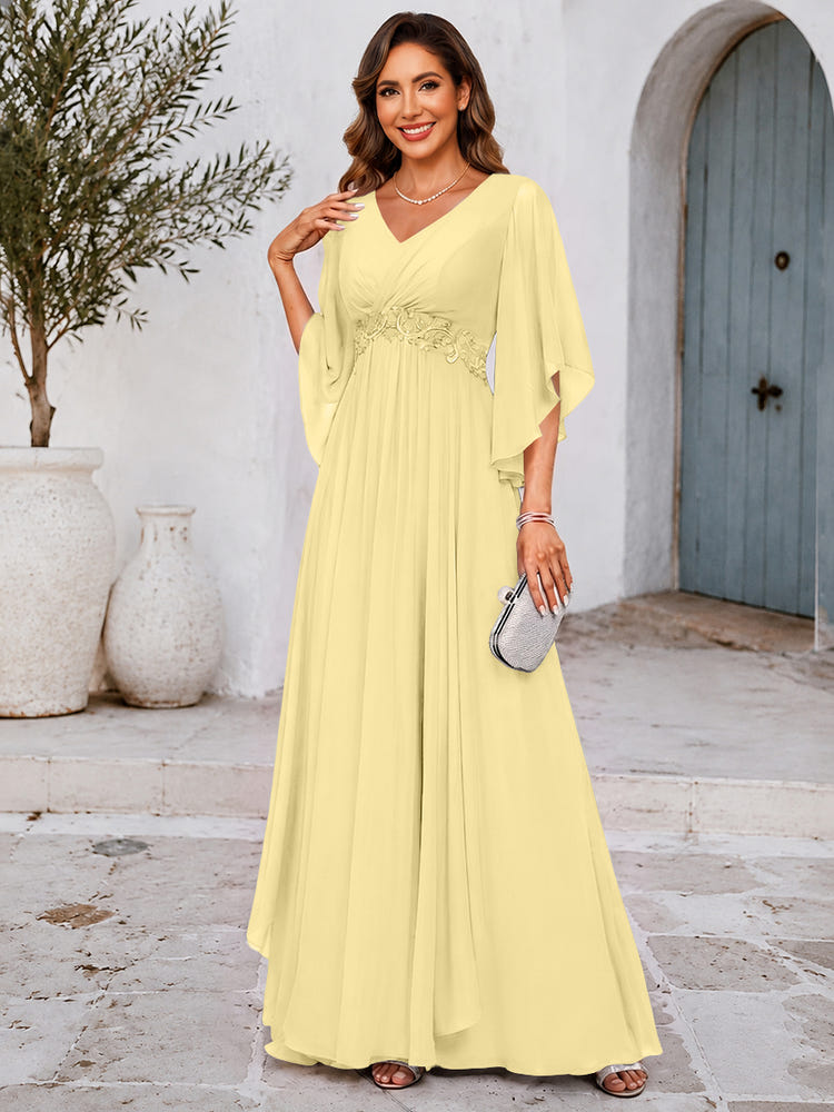 Chiffon A-Line V Neck Mother of the Bride Dresses with Lace Applique
