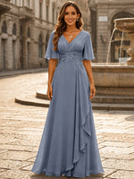 Chiffon A-Line V Neck Mother of the Bride Dresses with Asymmetrical Cascade Ruffle