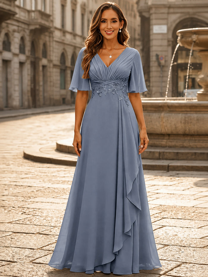 Chiffon A-Line V Neck Mother of the Bride Dresses with Asymmetrical Cascade Ruffle