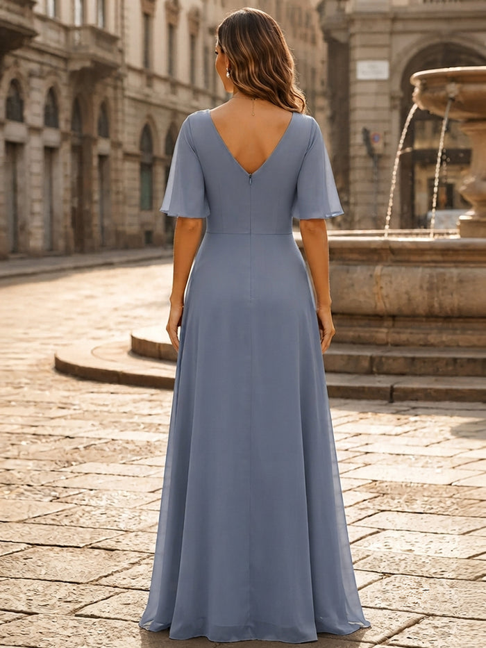 Chiffon A-Line V Neck Mother of the Bride Dresses with Asymmetrical Cascade Ruffle