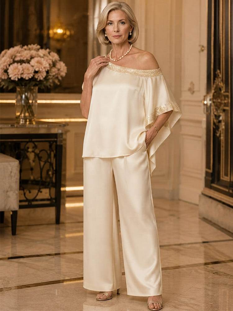 Satin Pantsuit One Shoulder Mother of the Bride Pantsuits with Sequin