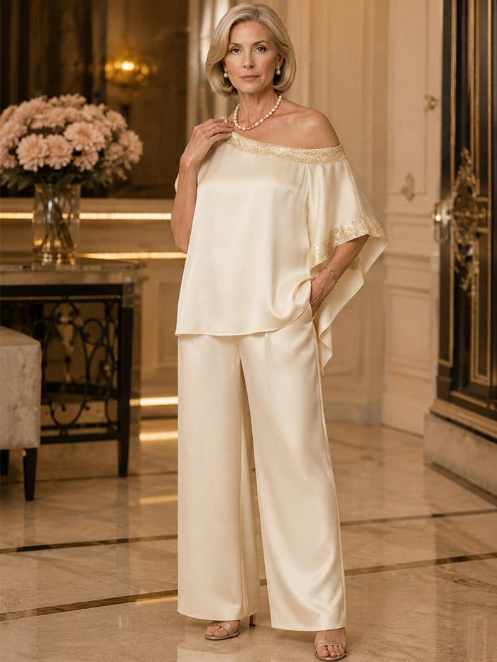 Satin Pantsuit One Shoulder Mother of the Bride Pantsuits with Sequin
