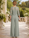 Chiffon Pantsuit Crew Neck Mother of the Bride Pantsuits with Lace Applique