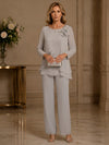 Chiffon Pantsuit Crew Neck Mother of the Bride Pantsuits with Bow
