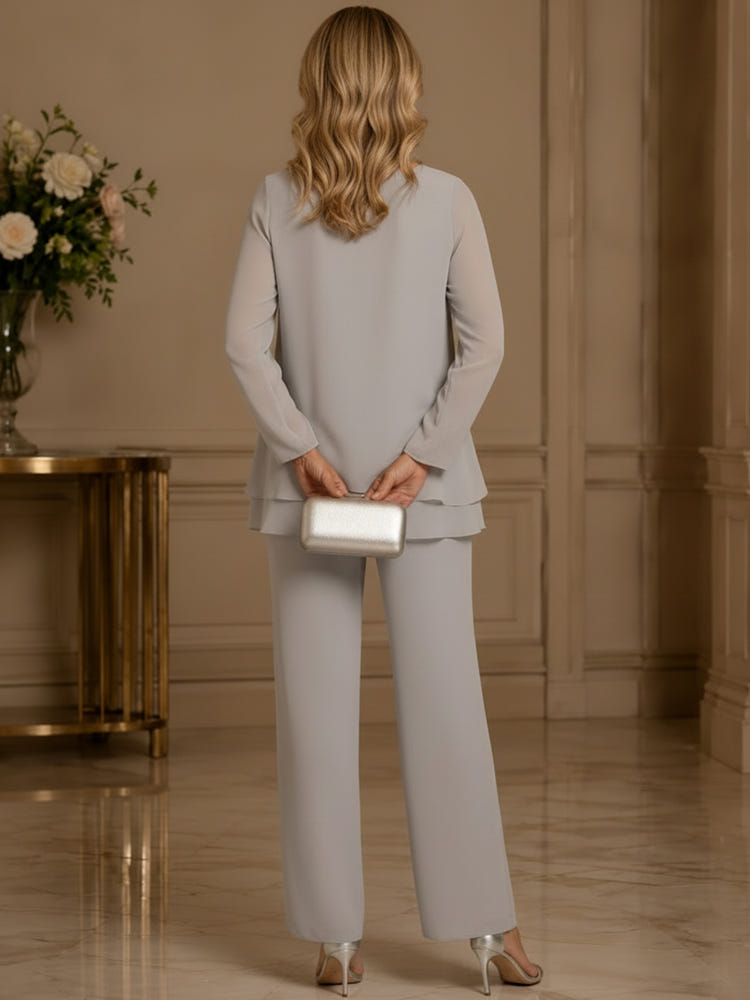 Chiffon Pantsuit Crew Neck Mother of the Bride Pantsuits with Bow