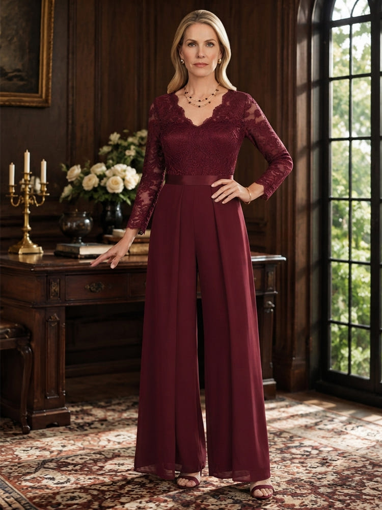 Chiffon Pantsuit V Neck Mother of the Bride Pantsuits with Lace Applique