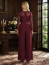 Chiffon Pantsuit V Neck Mother of the Bride Pantsuits with Lace Applique