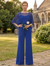 Chiffon Pantsuit Crew Neck Mother of the Bride Pantsuits with Caps
