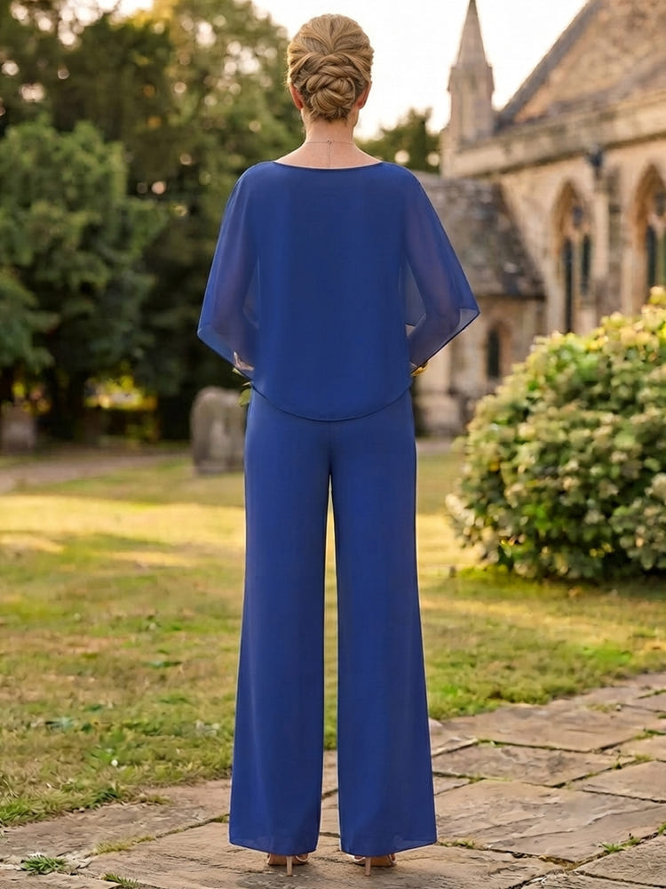 Chiffon Pantsuit Crew Neck Mother of the Bride Pantsuits with Caps