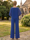Chiffon Pantsuit Crew Neck Mother of the Bride Pantsuits with Caps
