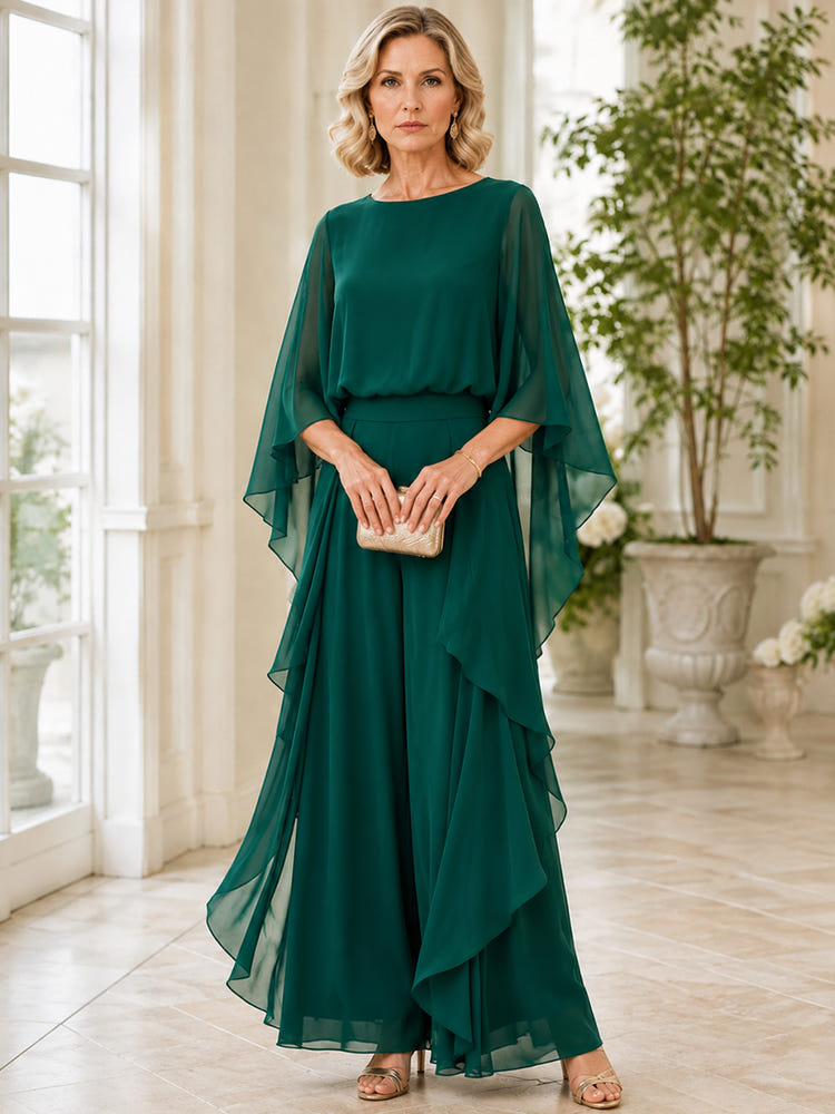 Chiffon Pantsuit Crew Neck Mother of the Bride Pantsuits with Ruffles