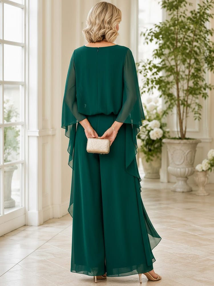 Chiffon Pantsuit Crew Neck Mother of the Bride Pantsuits with Ruffles