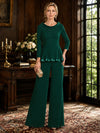 Chiffon Pantsuit Crew Neck Mother of the Bride Pantsuits with Beaded