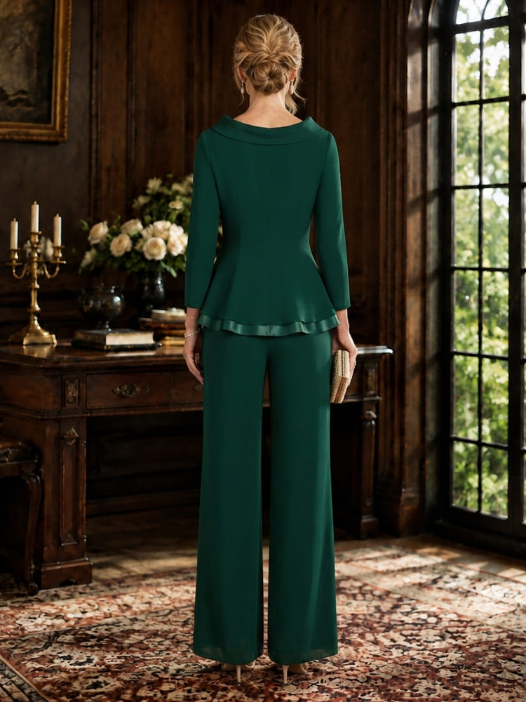 Chiffon Pantsuit Crew Neck Mother of the Bride Pantsuits with Beaded