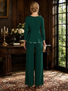Chiffon Pantsuit Crew Neck Mother of the Bride Pantsuits with Beaded